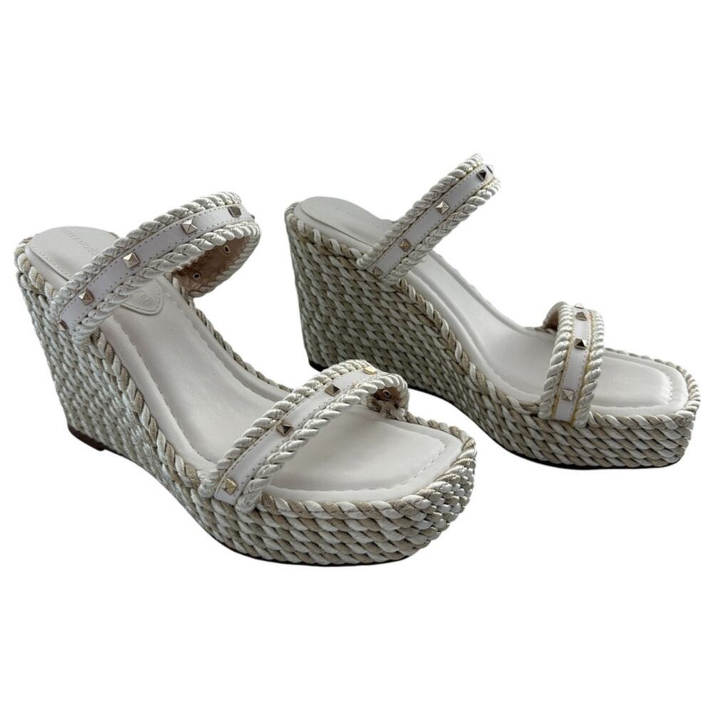 White House Black Market Studded Rope Wedge Heel Sandals Oat Color Size 8 NWOT